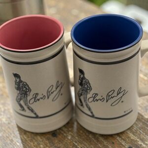 VTG Elvis Presley Ceramic Coffee Mugs -2-Pink & Blue Interior Biography Design